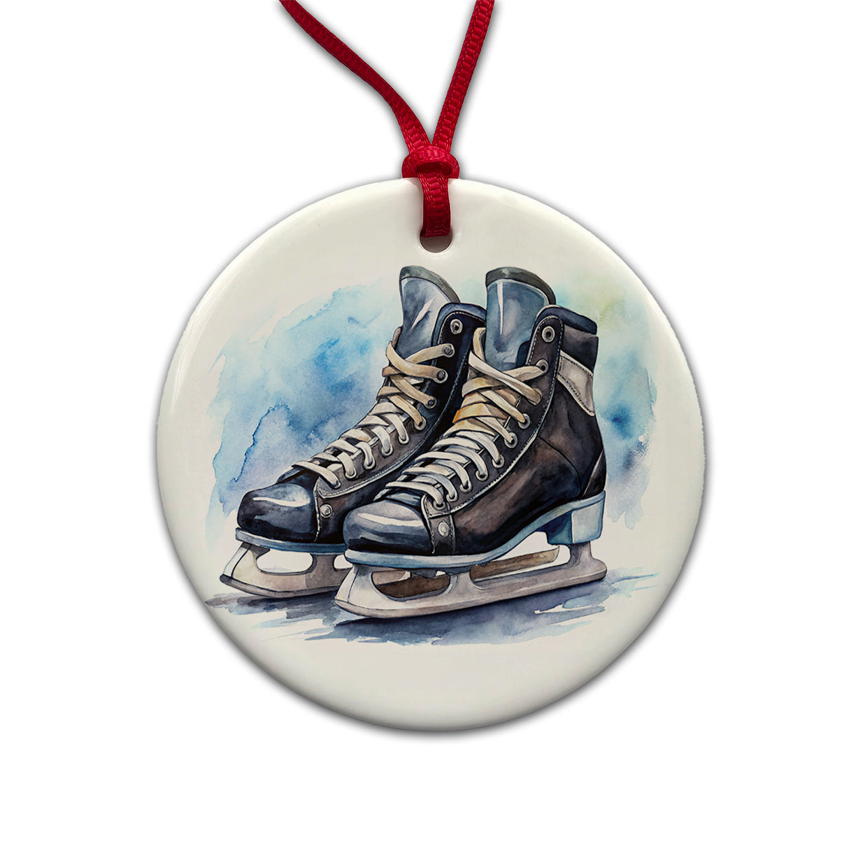 Pair Of Hockey Ice Skates Watercolor Round Ceramic Holiday Christmas Tree Ornament