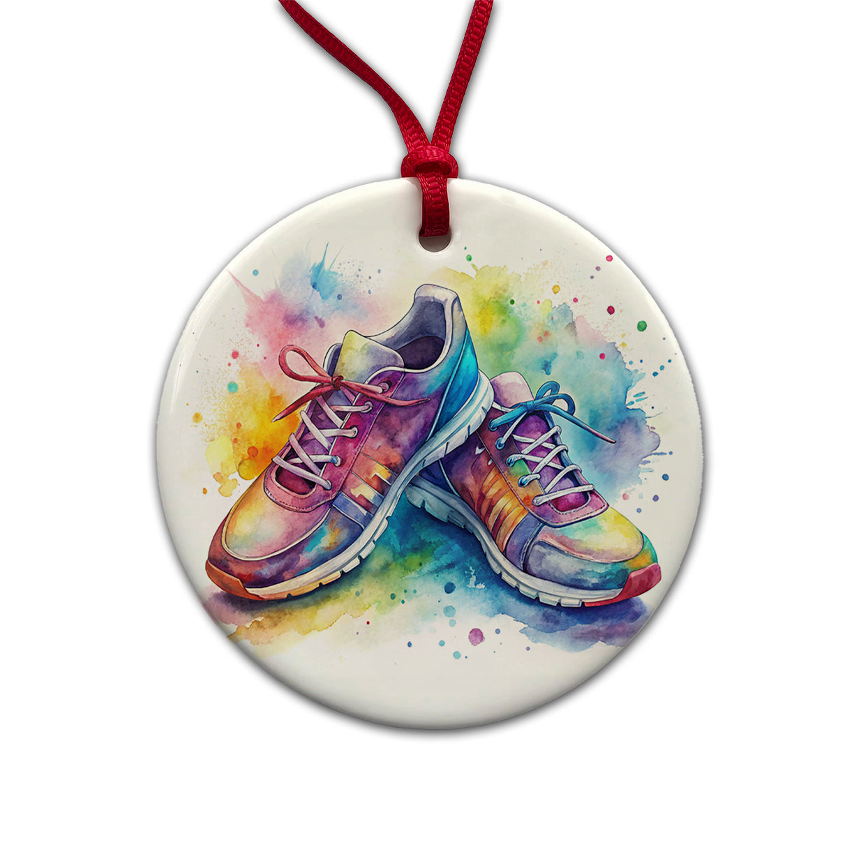 Pair Of Running Shoes Watercolor Round Ceramic Holiday Christmas Tree Ornament