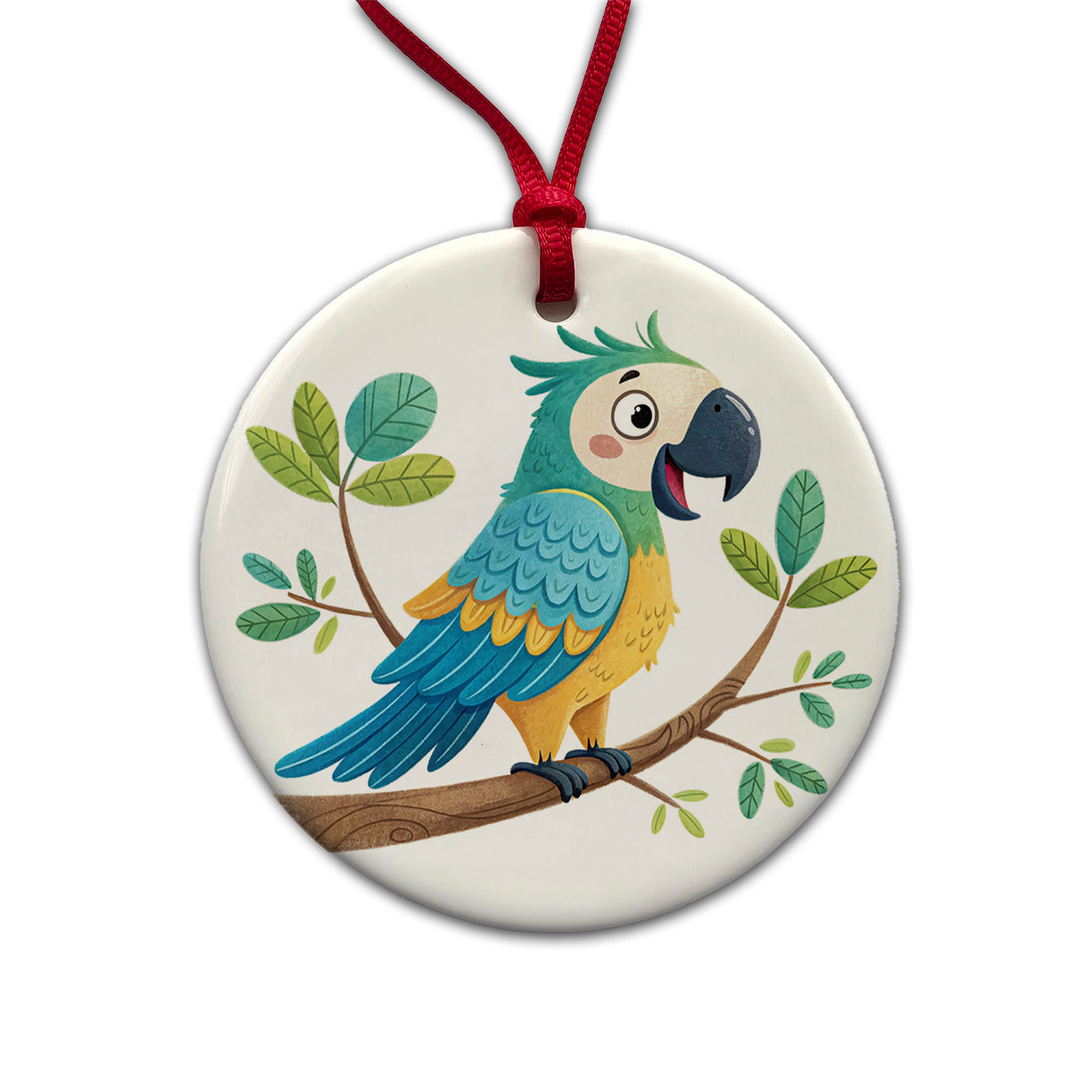 Parrot Children's Illustration Style Round Ceramic Holiday Christmas Tree Ornament