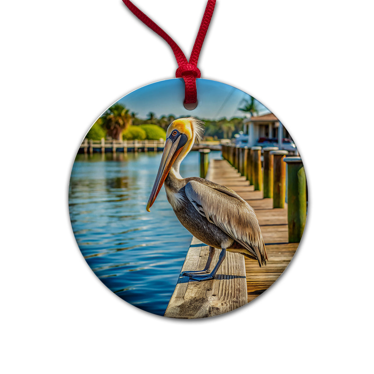 Pelican On Dock Round Ceramic Holiday Christmas Tree Ornament