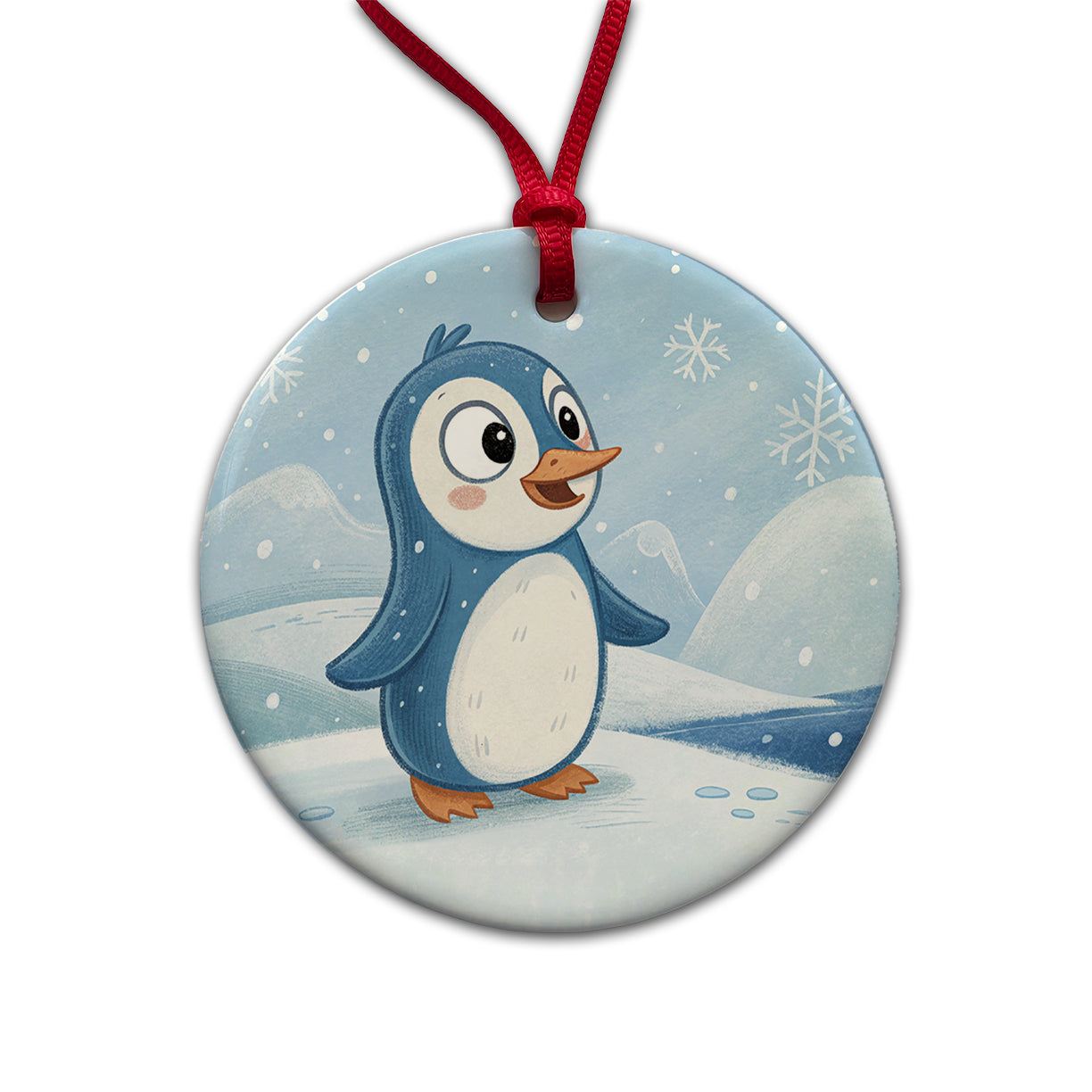 Penguin Children's Illustration Style Round Ceramic Holiday Christmas Tree Ornament