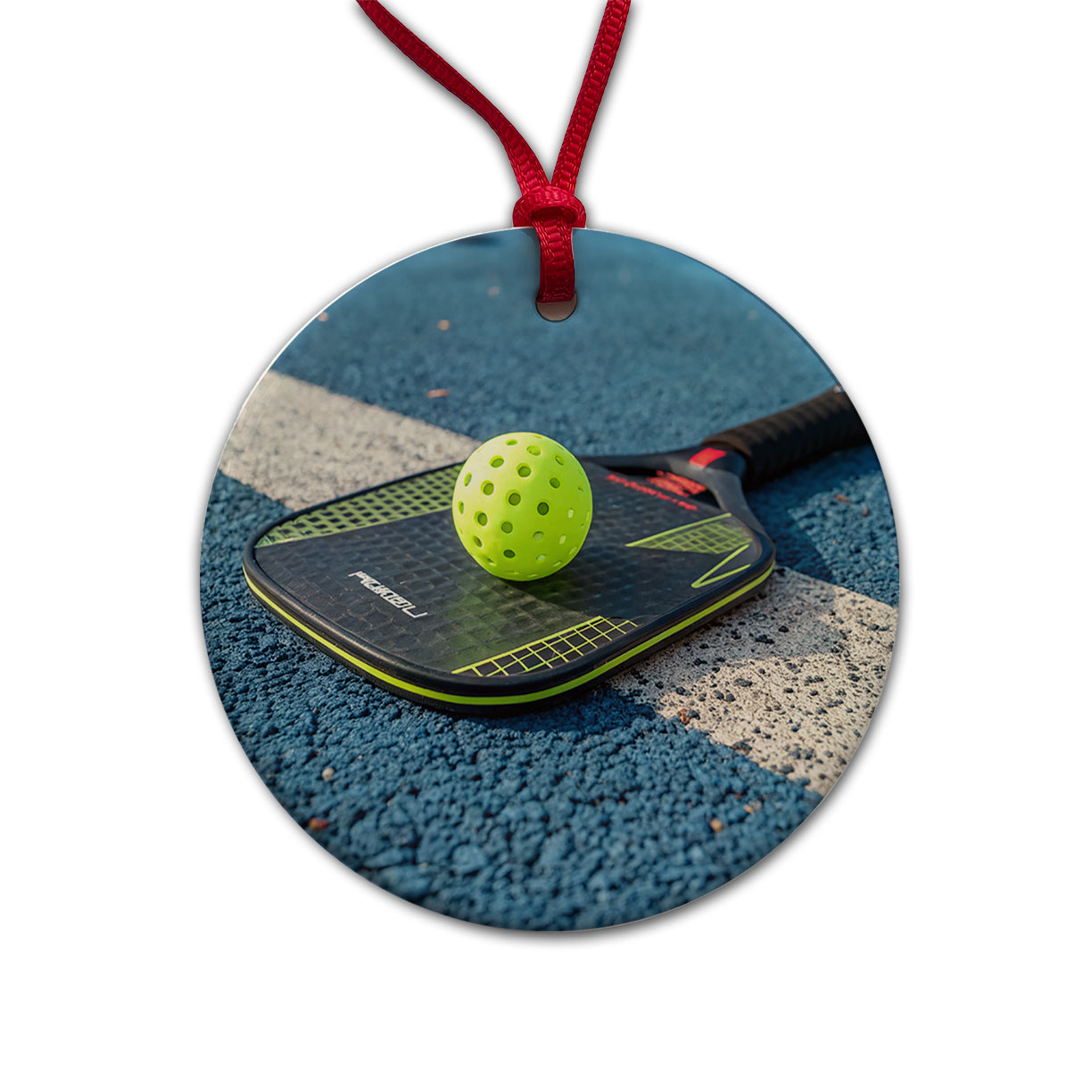 Pickleball Paddle and Ball on Court Round Ceramic Holiday Christmas Tree Ornament