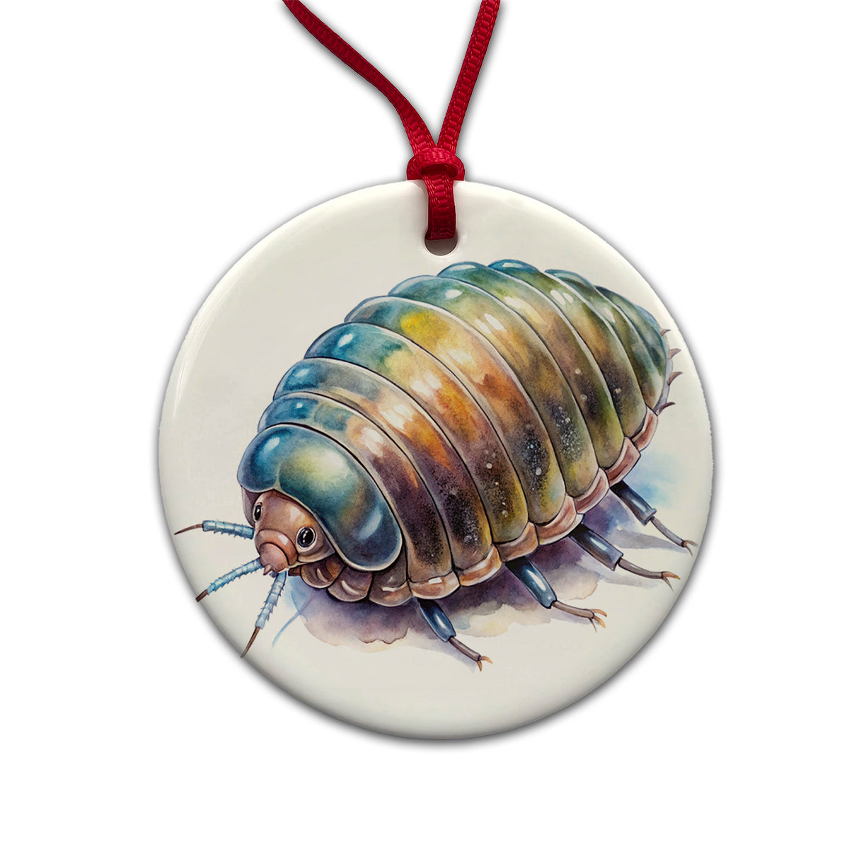 Pill Bug Watercolor Round Ceramic Holiday Christmas Tree Ornament