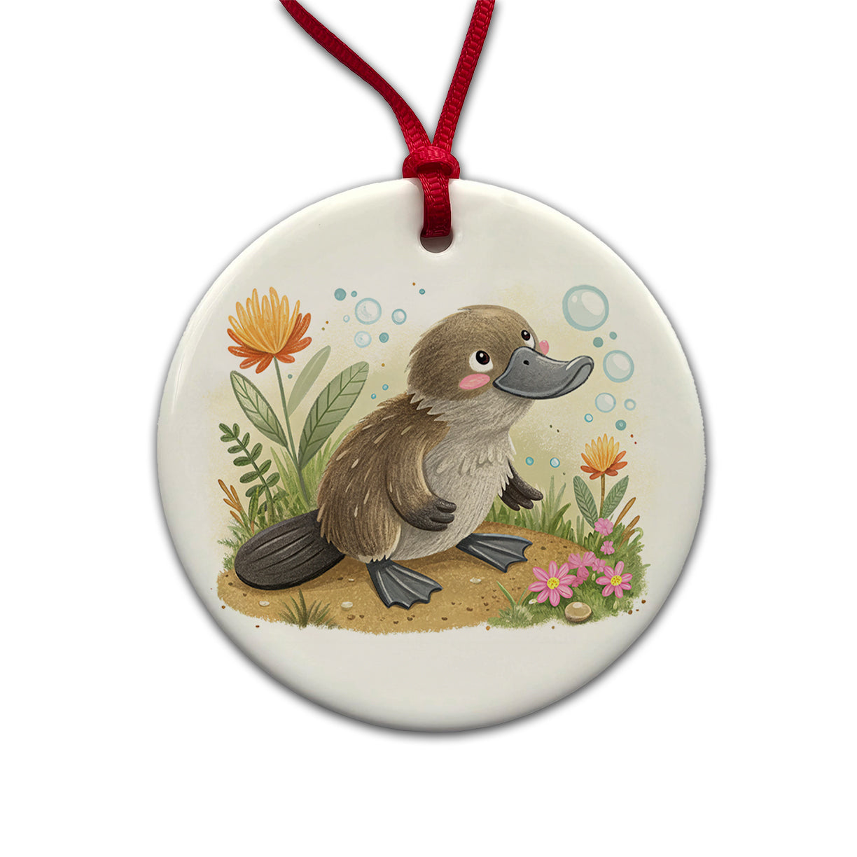 Platypus Children's Illustration Style Round Ceramic Holiday Christmas Tree Ornament