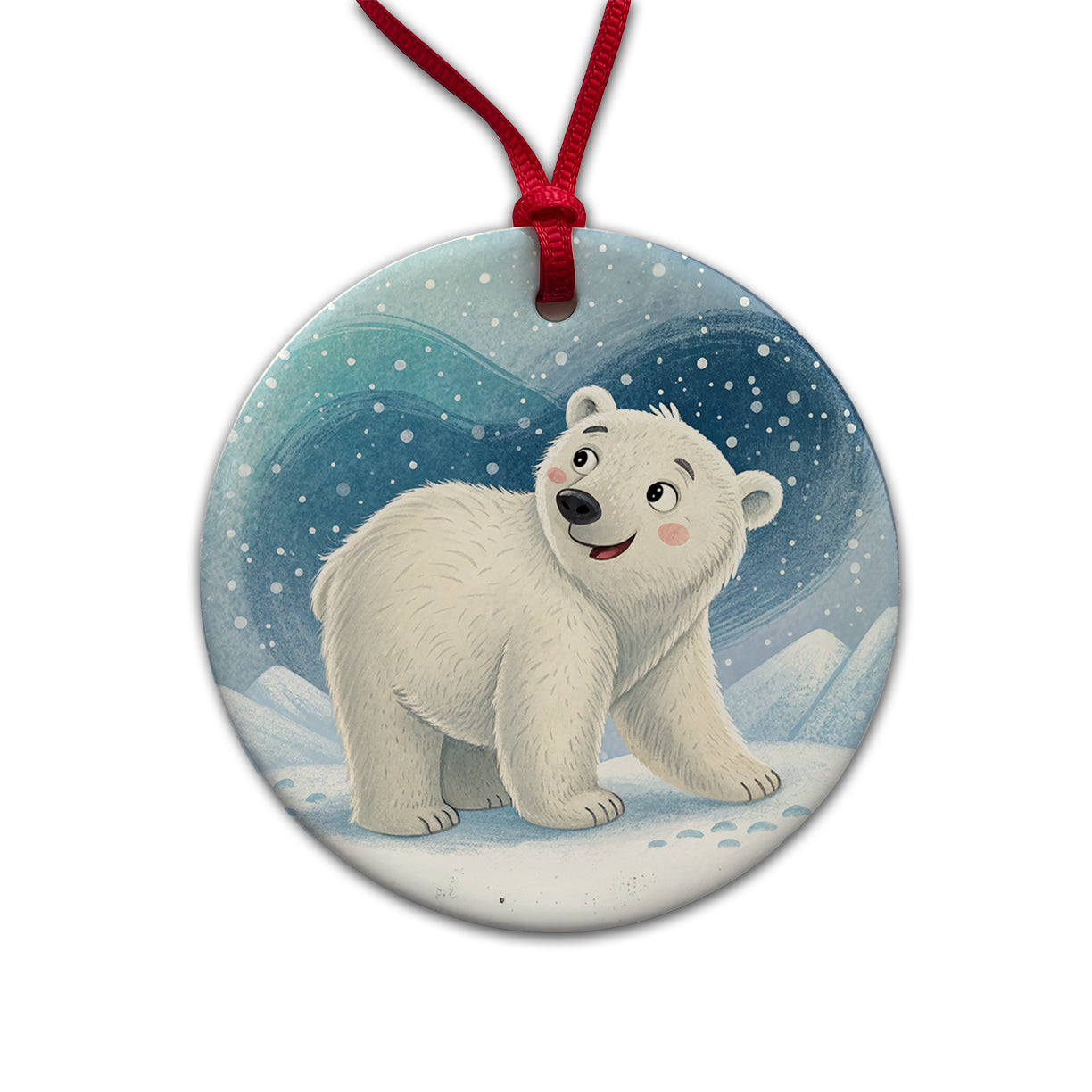 Polar Bear Children's Illustration Style Round Ceramic Holiday Christmas Tree Ornament