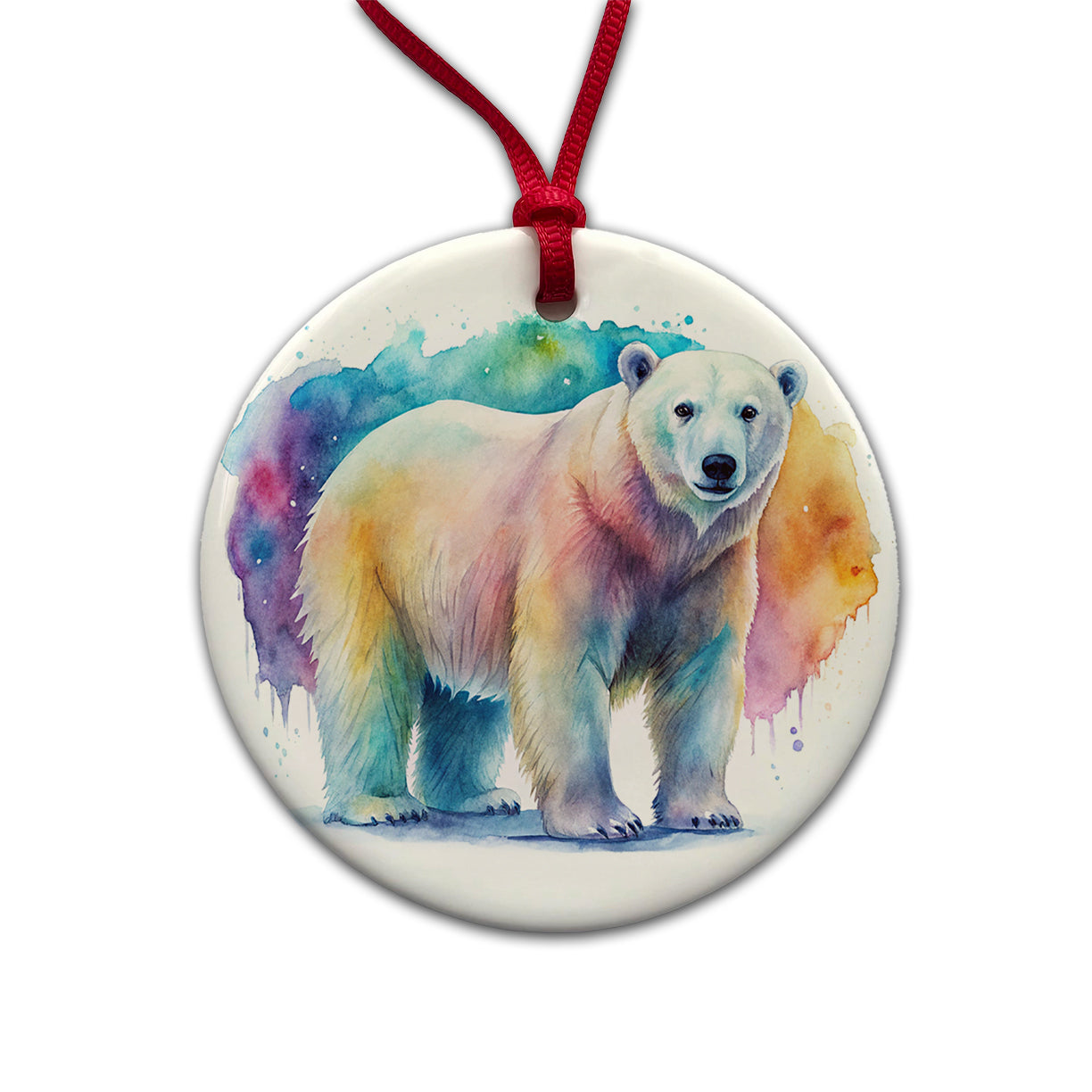 Polar Bear Watercolor Round Ceramic Holiday Christmas Tree Ornament