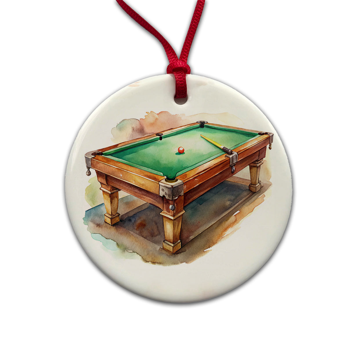 Pool Billiards Table Watercolor Round Ceramic Holiday Christmas Tree Ornament