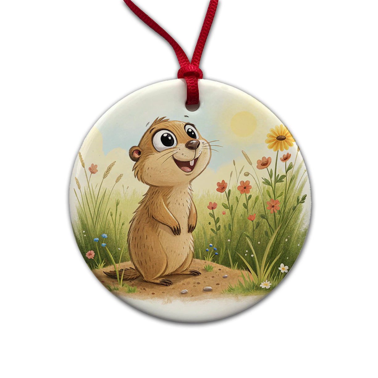 Prairie Dog Children's Illustration Style Round Ceramic Holiday Christmas Tree Ornament