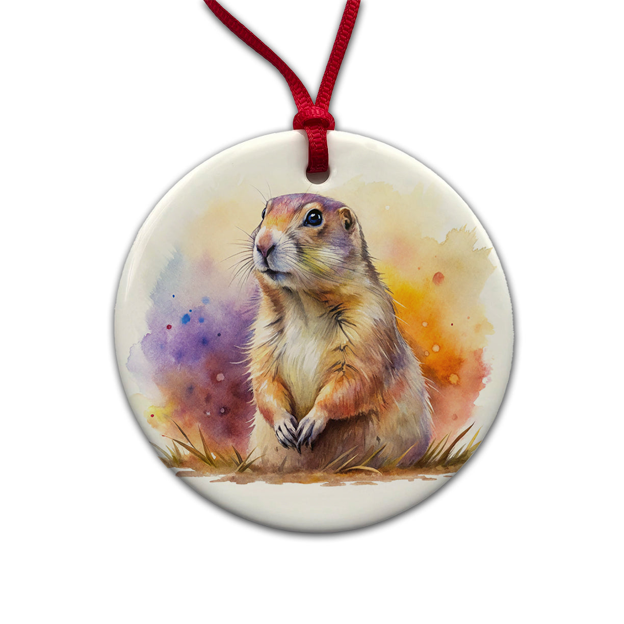 Prairie Dog Watercolor Round Ceramic Holiday Christmas Tree Ornament