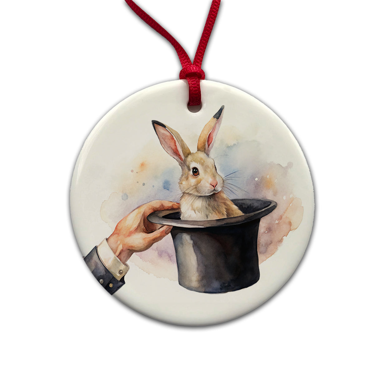 Rabbit Being Pulled Out Of A Magician's Hat Round Ceramic Holiday Christmas Tree Ornament