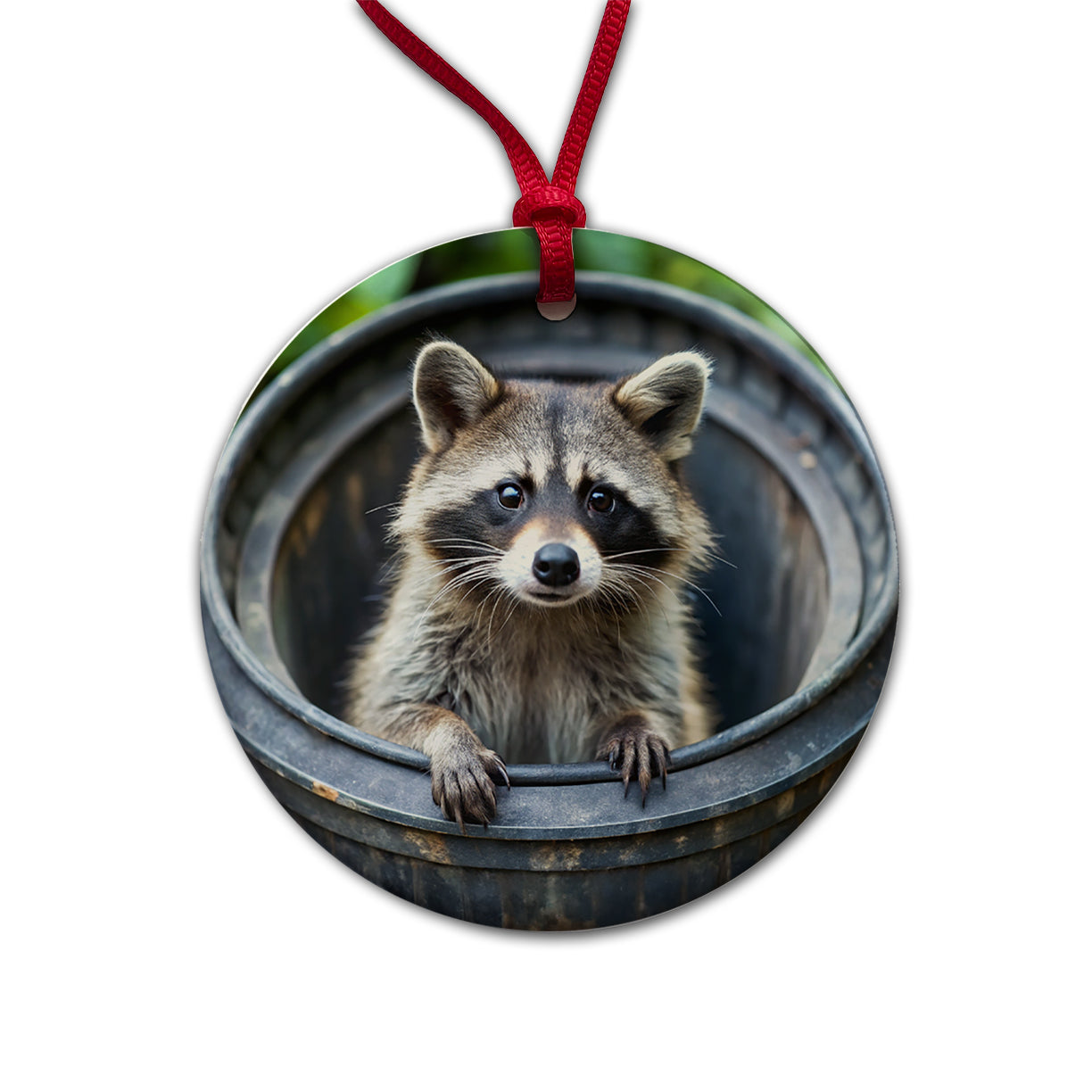 Raccoon In Barrel Trash Panda Round Ceramic Holiday Christmas Tree Ornament