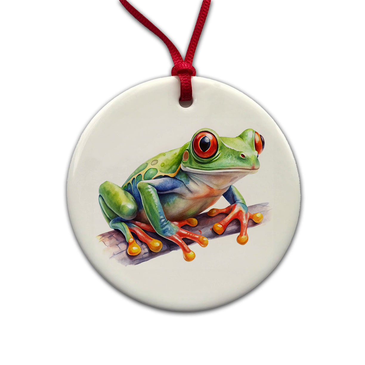 Red Eyed Tree Frog Watercolor Round Ceramic Holiday Christmas Tree Ornament