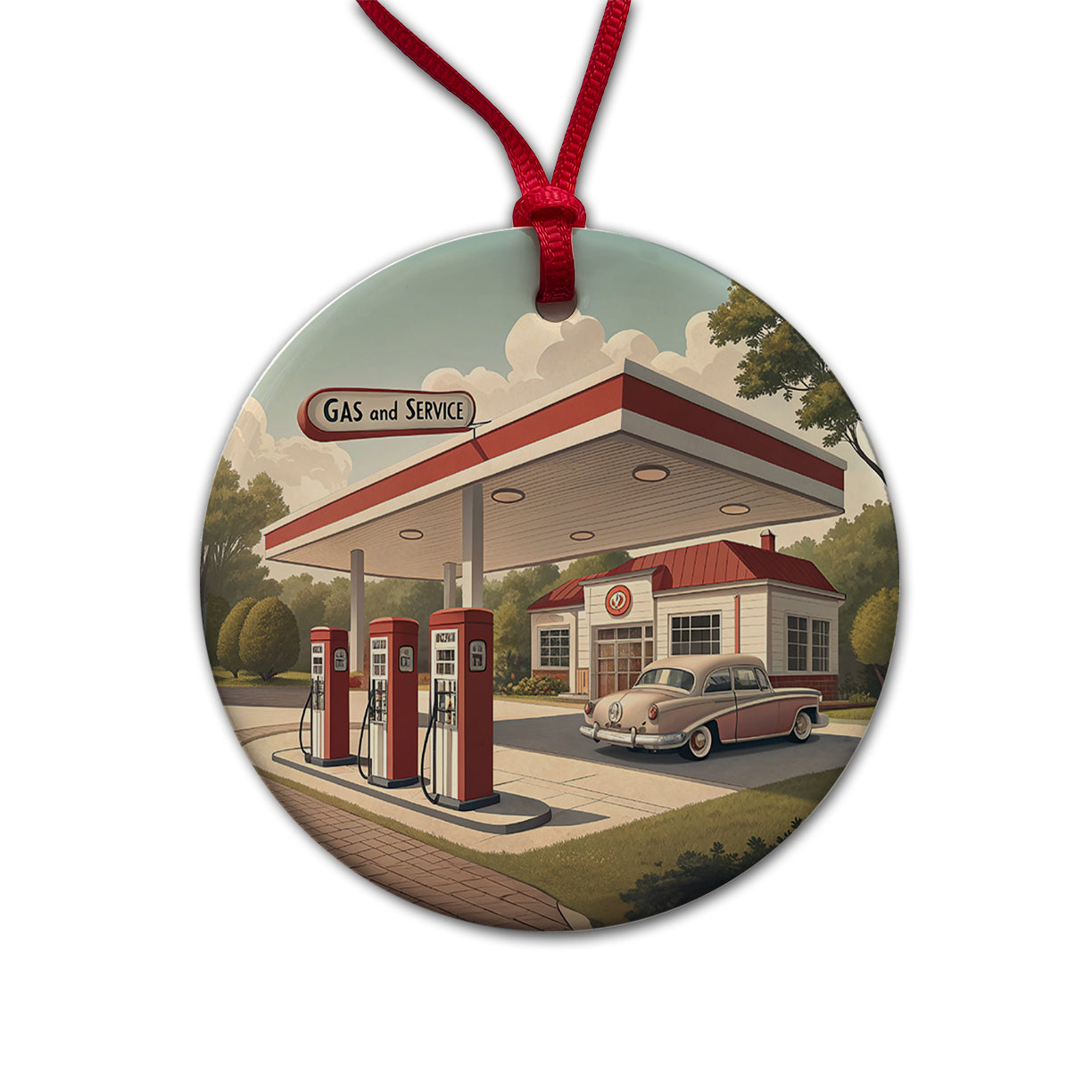 Retro Americana 1950's Gas Station Convenience Store Round Ceramic Holiday Christmas Tree Ornament