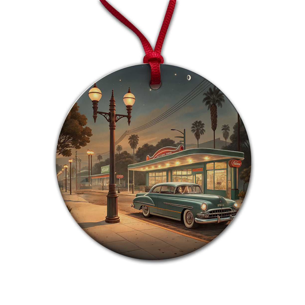 Retro Americana1950's Main Street Diner Round Ceramic Holiday Christmas Tree Ornament
