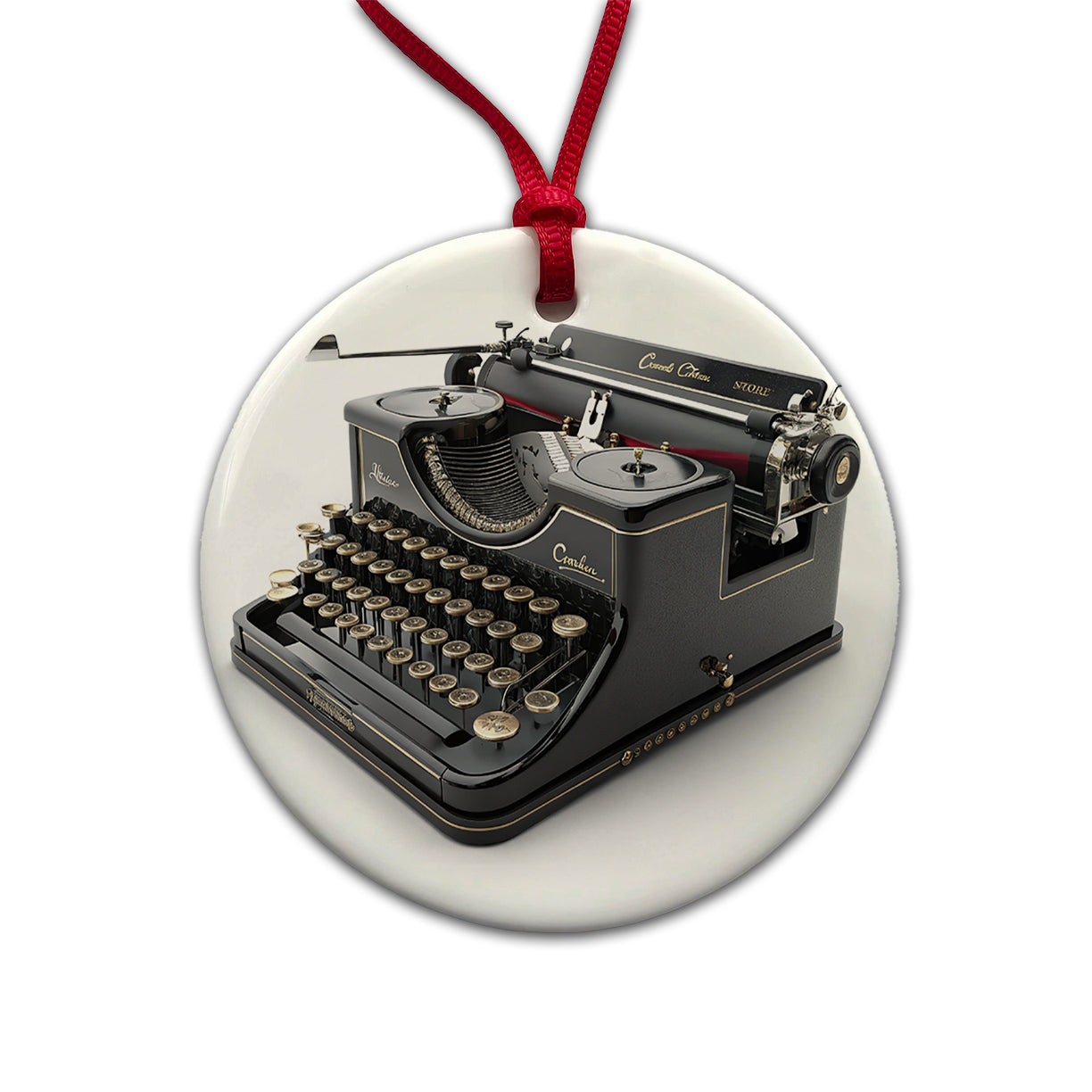Retro Classic Black Typewriter Round Ceramic Holiday Christmas Tree Ornament