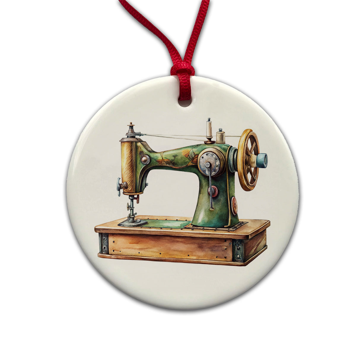 Retro Classic Sewing Machine Watercolor Round Ceramic Holiday Christmas Tree Ornament