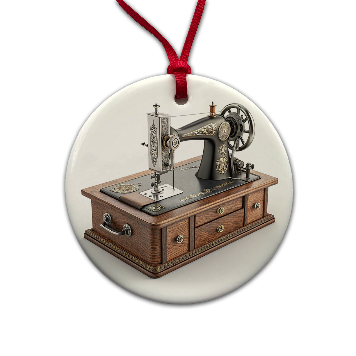 Retro Classic Sewing Machine Round Ceramic Holiday Christmas Tree Ornament