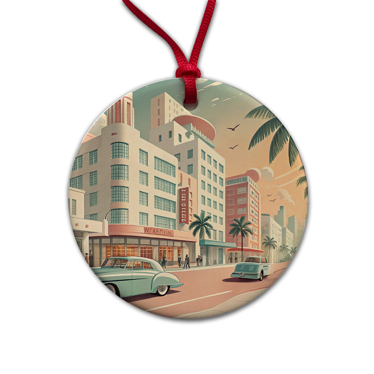 Retro Mid-Century Pastel Cityscape Round Ceramic Holiday Christmas Tree Ornament