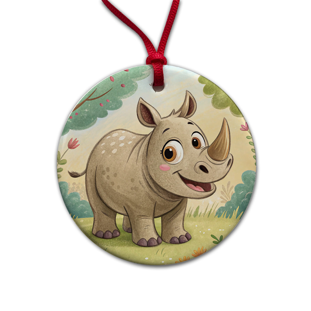 Rhinoceros Children's Illustration Style Round Ceramic Holiday Christmas Tree Ornament