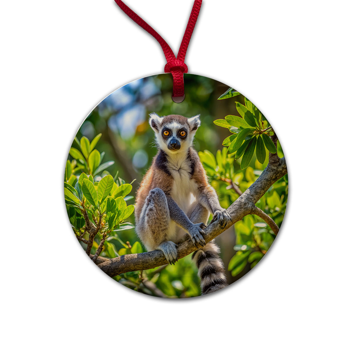 Ring-Tailed Lemur In Tree Round Ceramic Holiday Christmas Tree Ornament