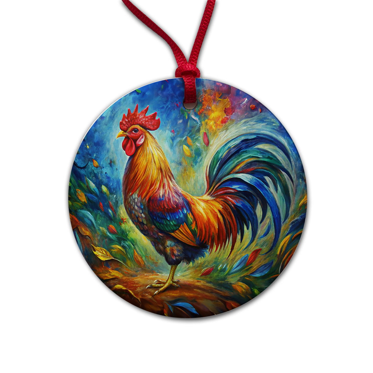 Rooster Abstract Art Round Ceramic Holiday Christmas Tree Ornament