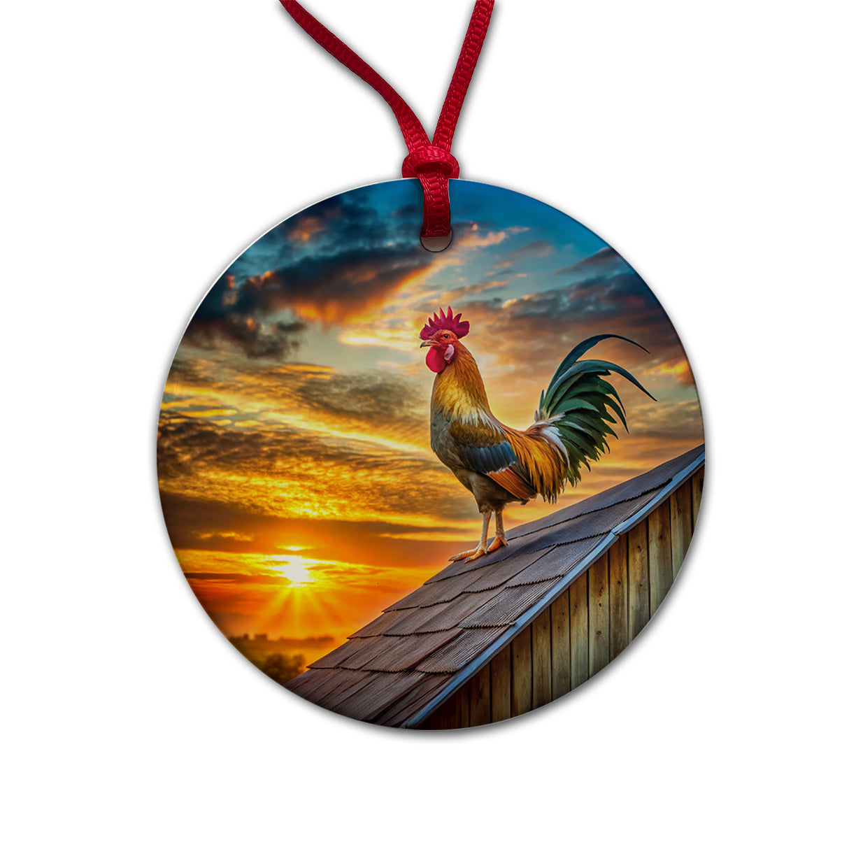 Rooster on Barn Roof At Sunrise Round Ceramic Holiday Christmas Tree Ornament