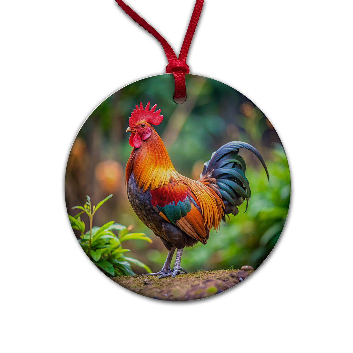 Rooster Round Ceramic Holiday Christmas Tree Ornament