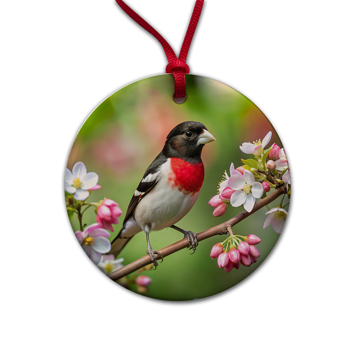 Rose Breasted Grosbeak Backyard Bird Round Ceramic Holiday Christmas Tree Ornament
