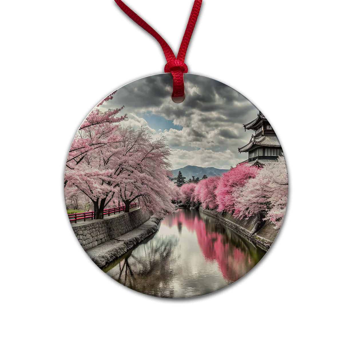 Sakura Trees Along River Japanese Scene Round Ceramic Holiday Christmas Tree Ornament