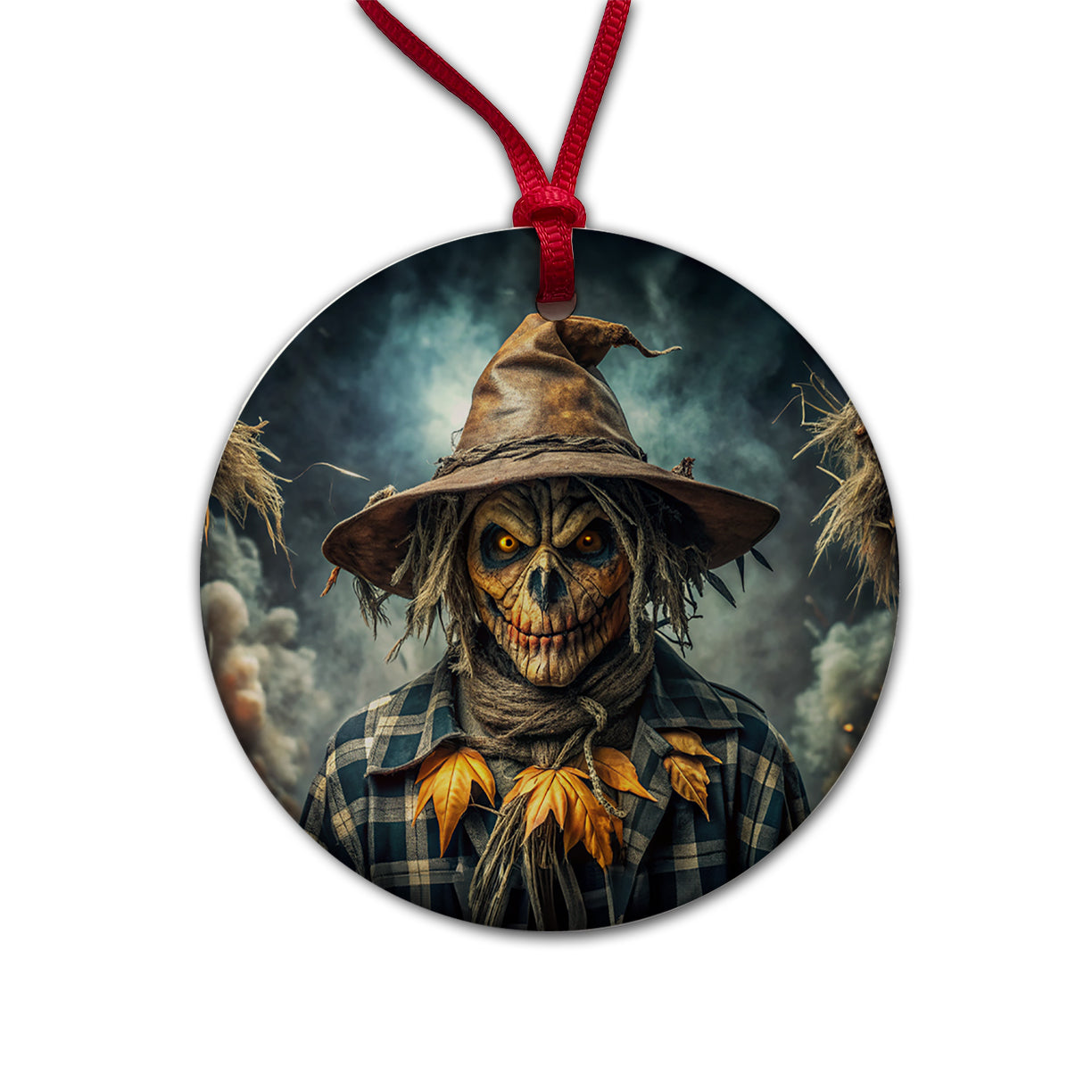 Scary Evil Scarecrow Black Watercolor Round Ceramic Holiday Christmas Tree Ornament
