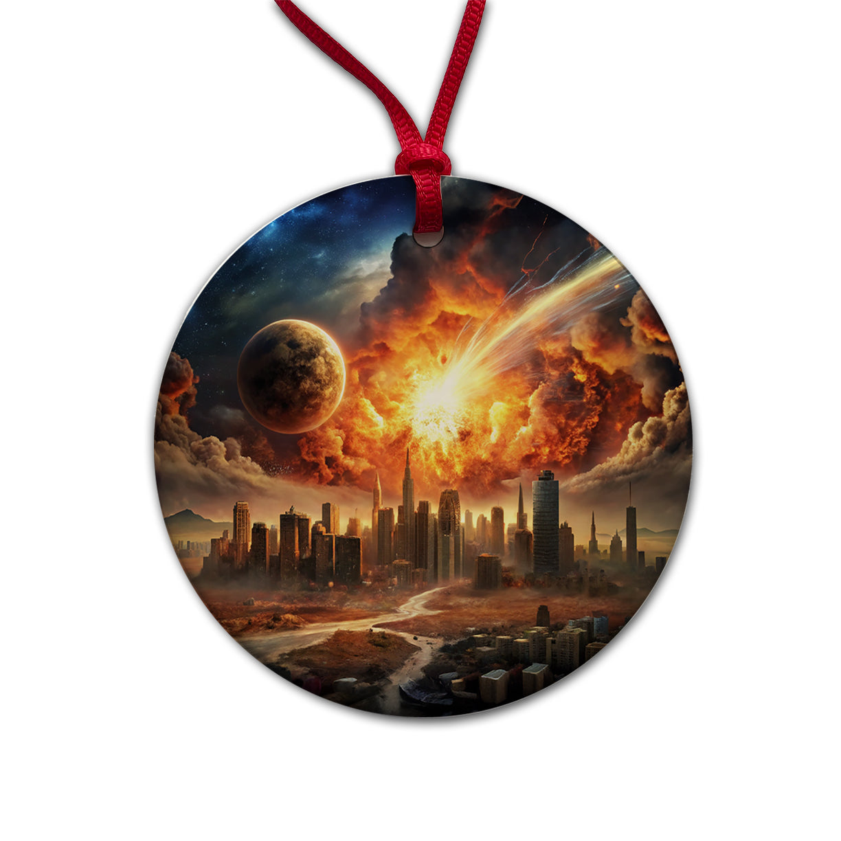 Sci-fi Doomsday End of the World Explosion Round Ceramic Holiday Christmas Tree Ornament