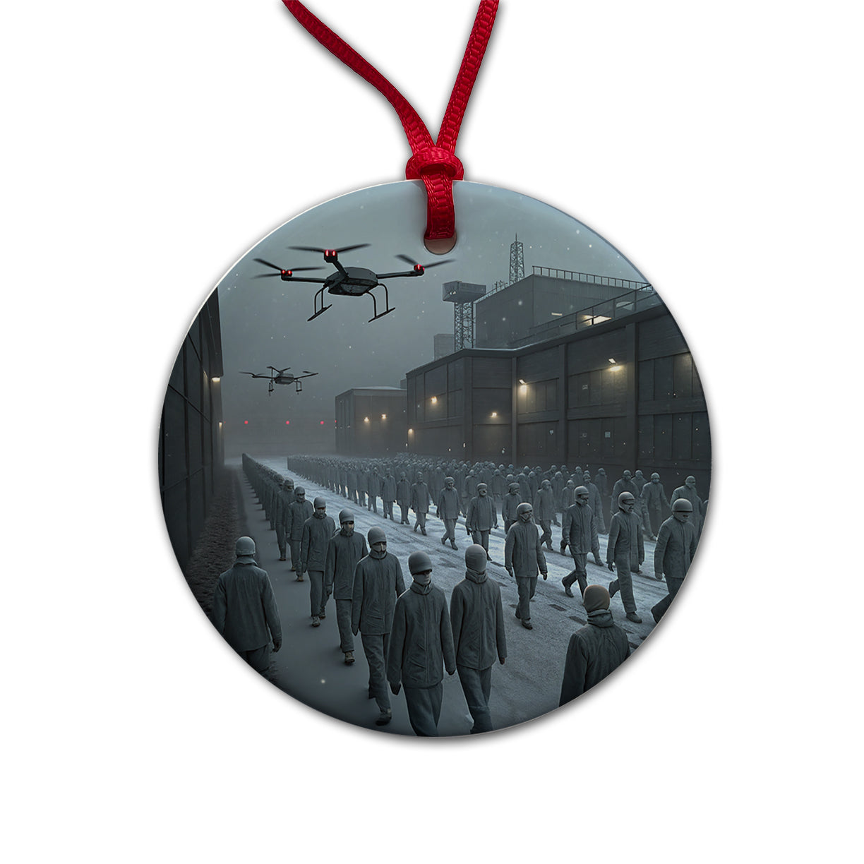 Sci-fi Futuristic Dystopian Society of Mindless Drones Round Ceramic Holiday Christmas Tree Ornament