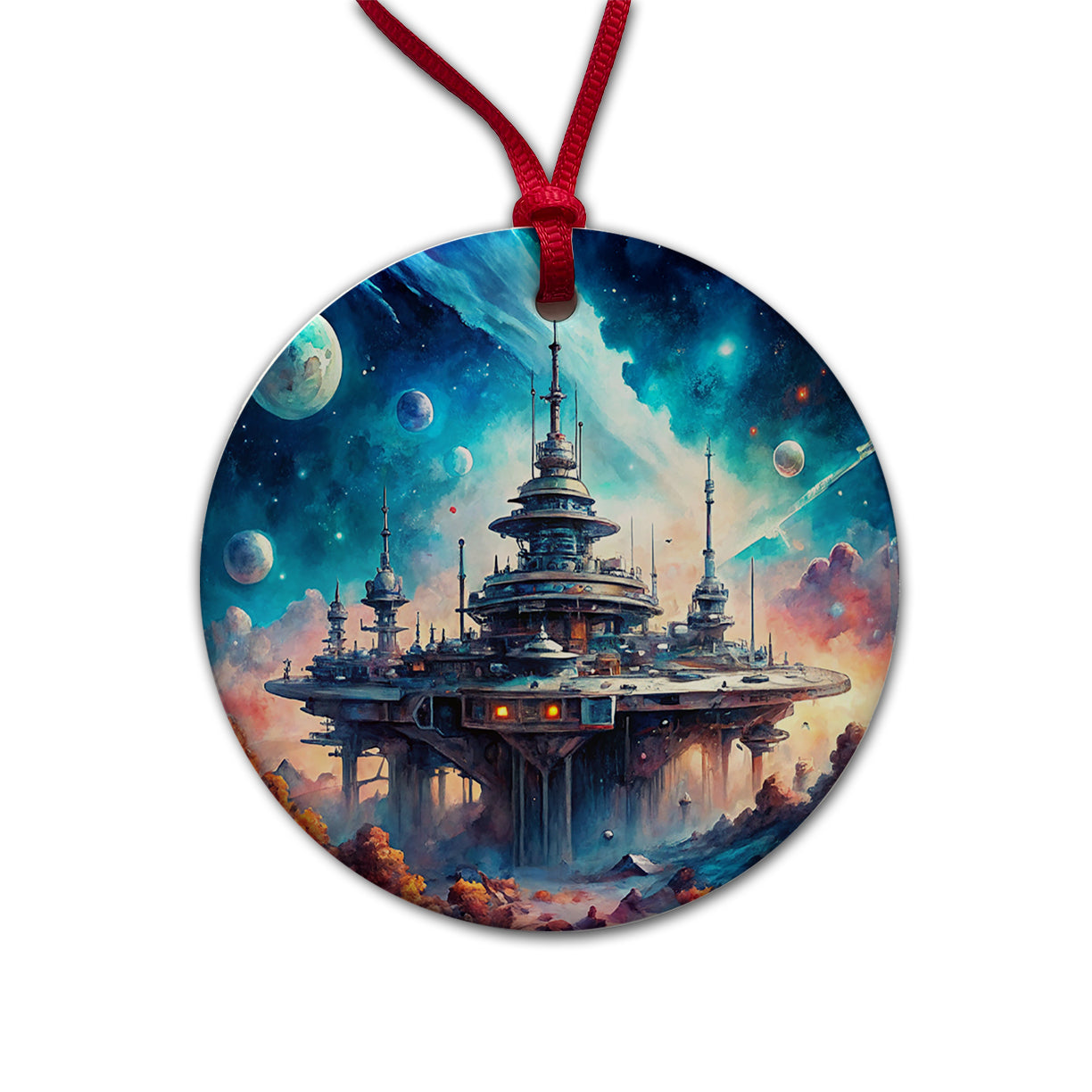 Sci-fi Military Space Station Round Ceramic Holiday Christmas Tree Ornament