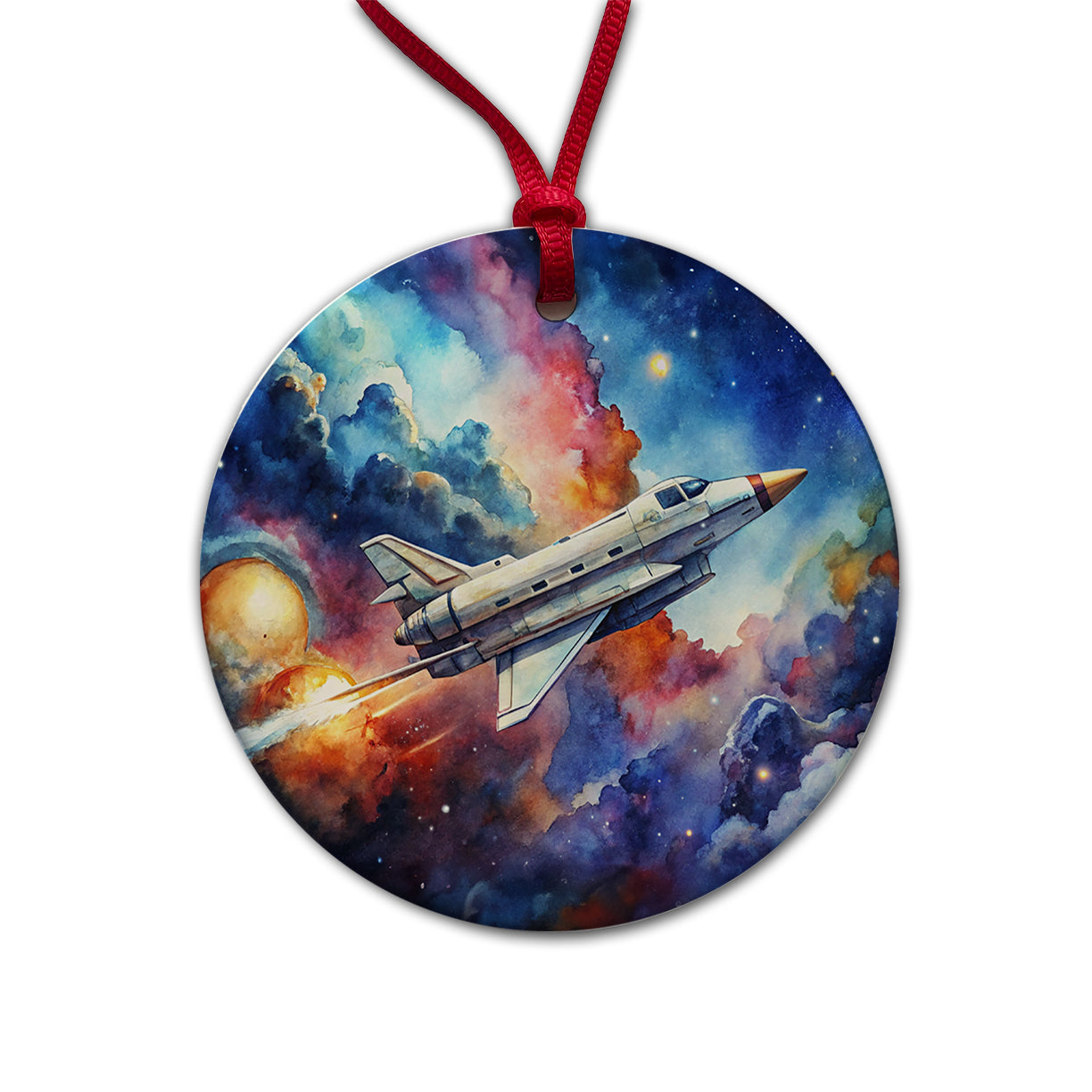 Sci-fi Military Transport Spaceship Watercolor Round Ceramic Holiday Christmas Tree Ornament