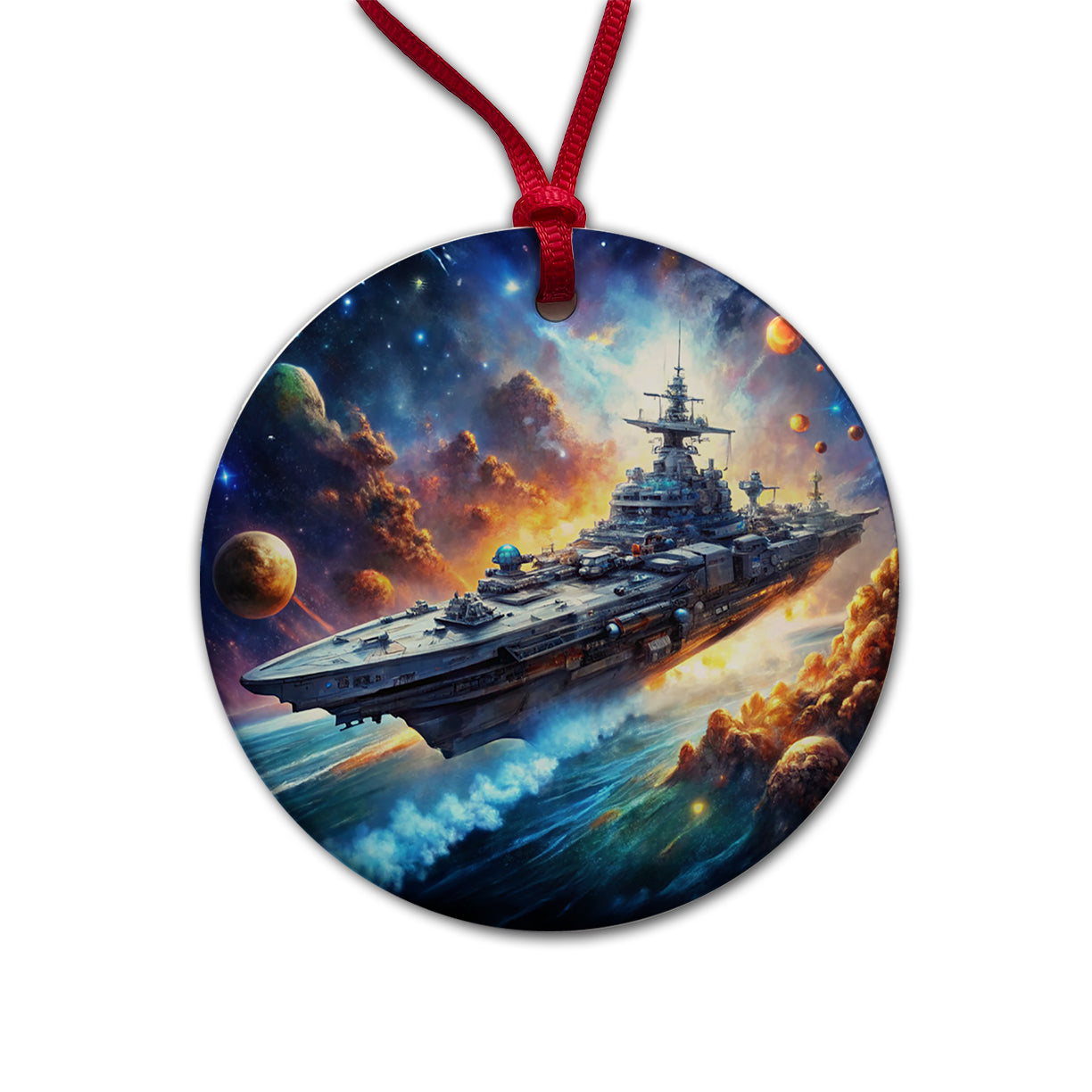Sci-fi Space Warship Battleship Round Ceramic Holiday Christmas Tree Ornament