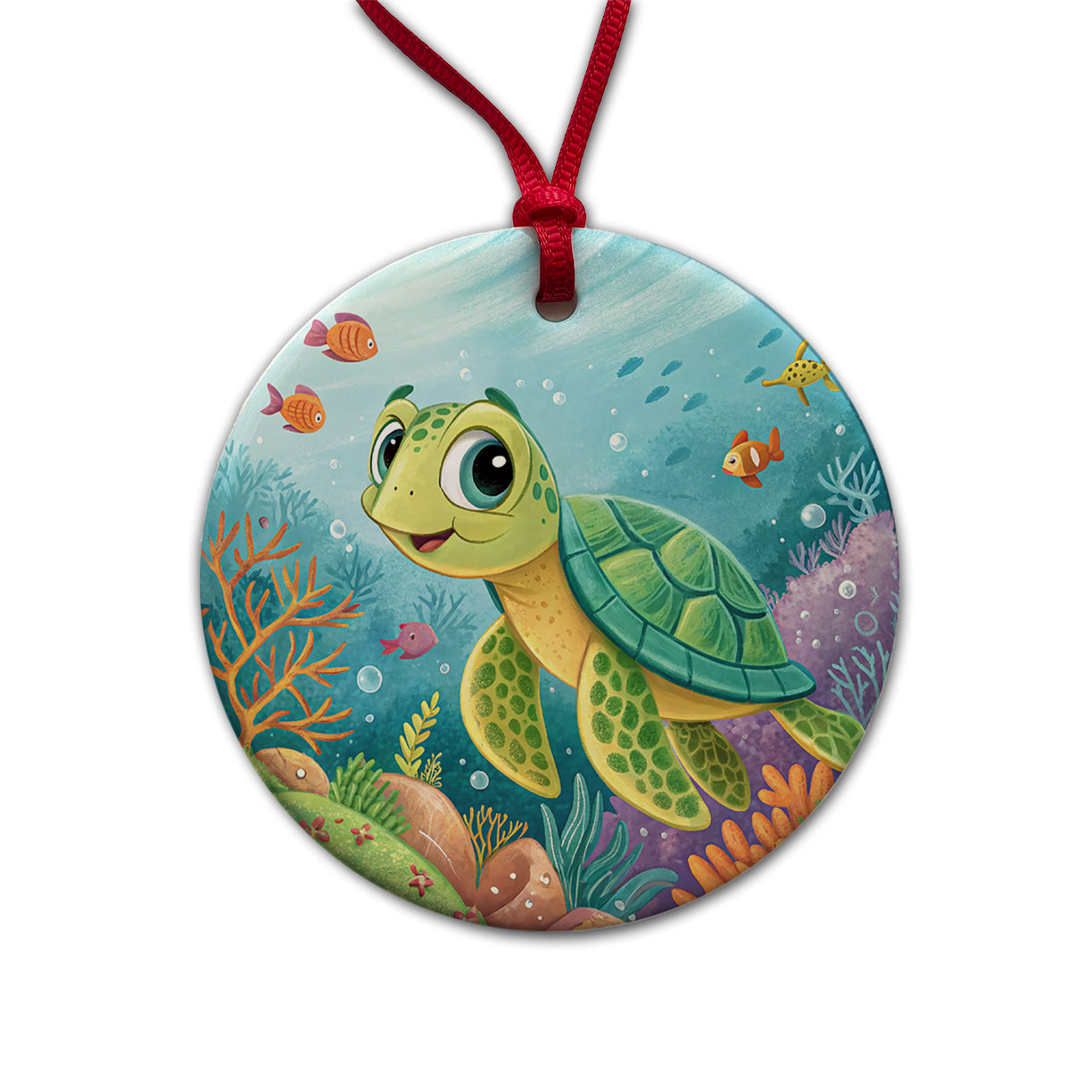 Sea Turtle Children's Illustration Style Round Ceramic Holiday Christmas Tree Ornament