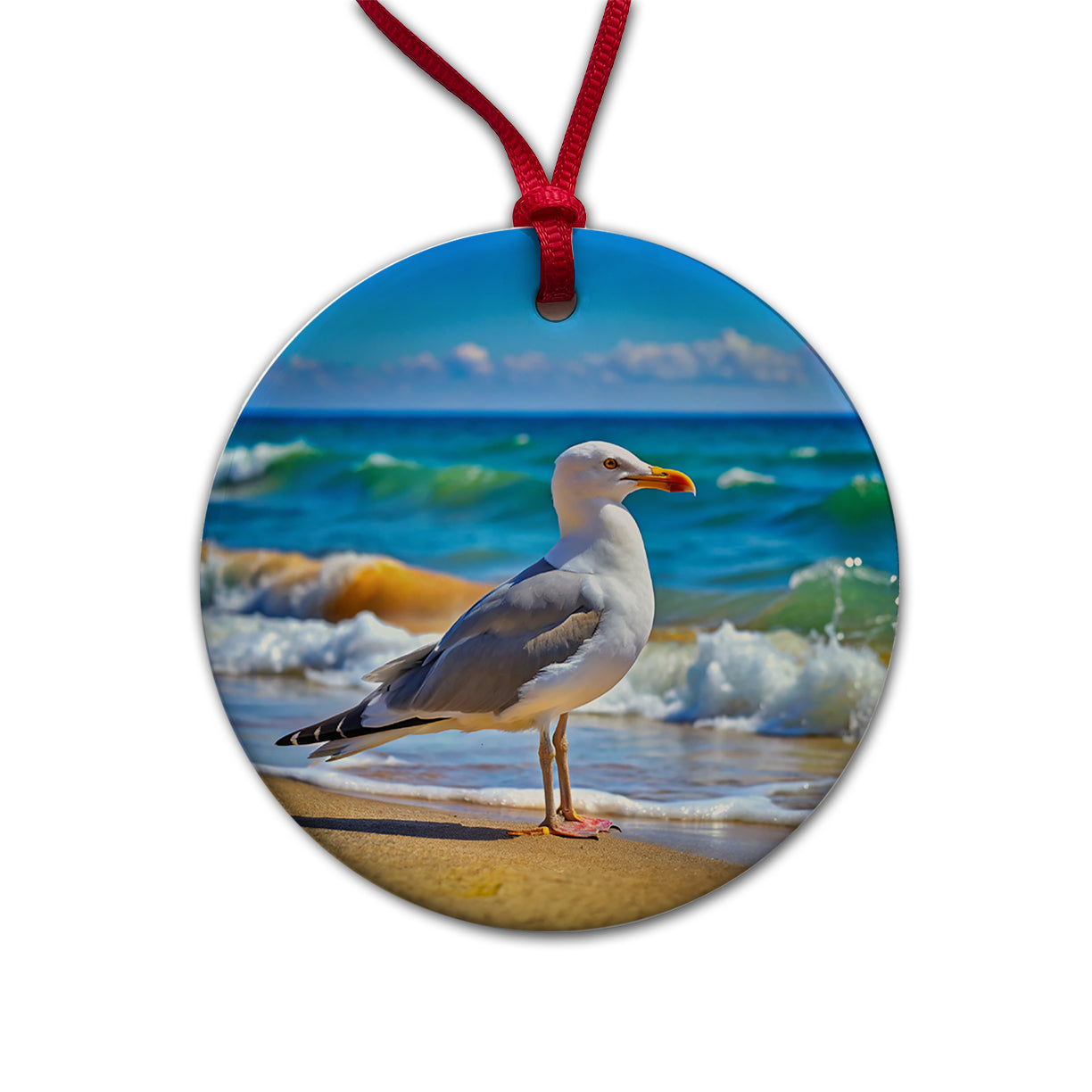 Seagull On Beach Round Ceramic Holiday Christmas Tree Ornament