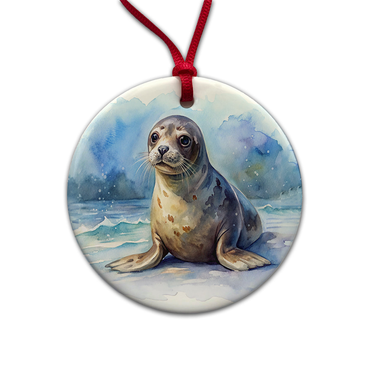 Seal Watercolor Round Ceramic Holiday Christmas Tree Ornament