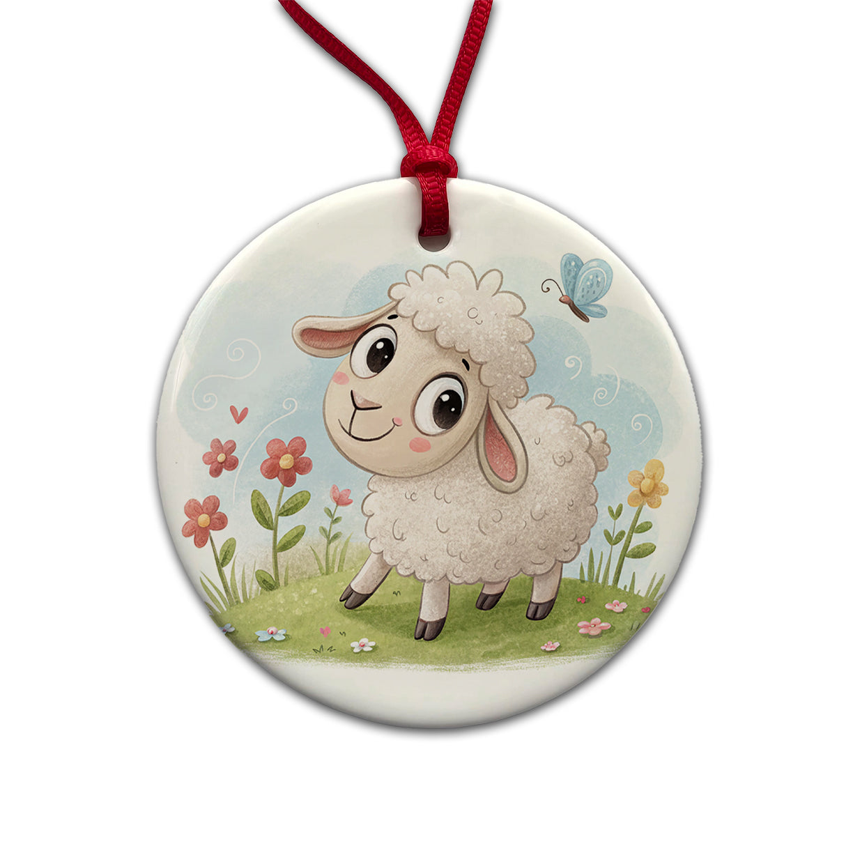 Sheep Lamb Children's Illustration Style Round Ceramic Holiday Christmas Tree Ornament