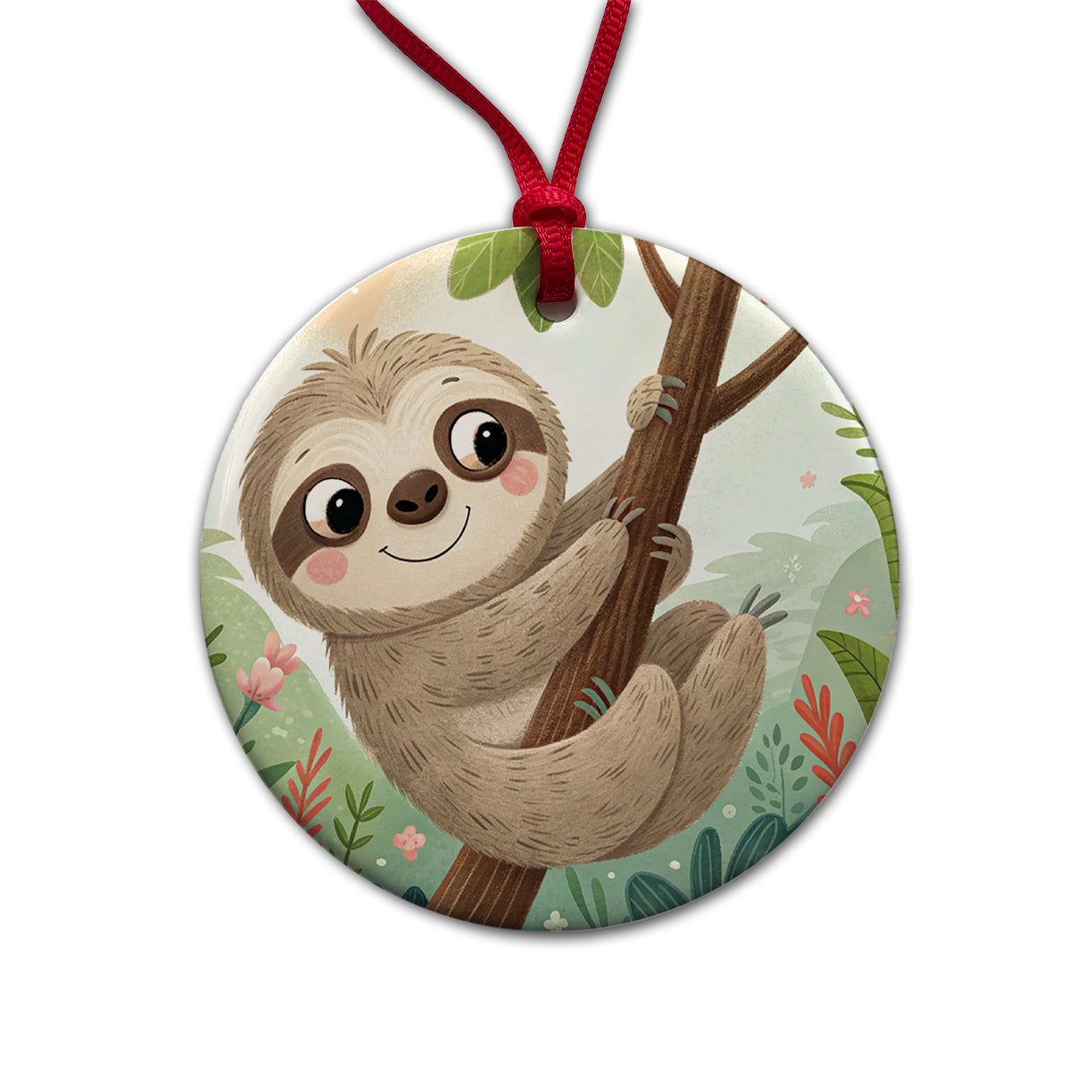 Sloth on Tree Children's Illustration Style Round Ceramic Holiday Christmas Tree Ornament