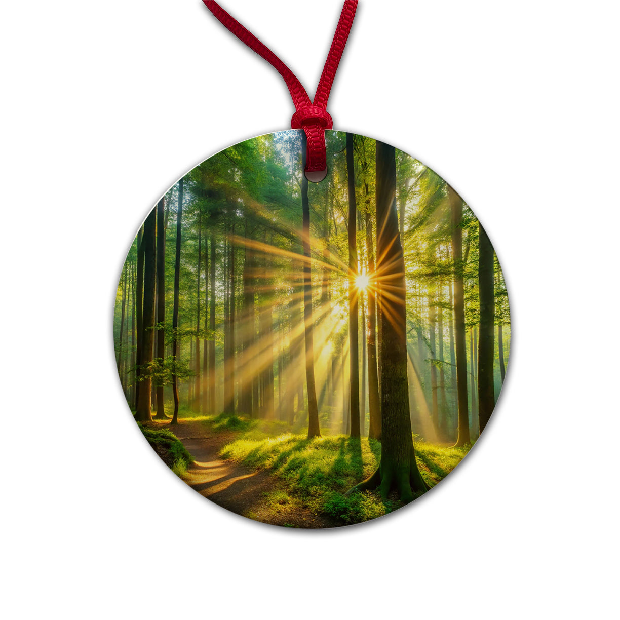 Sunlight Streaming Through Forest Trees Round Ceramic Holiday Christmas Tree Ornament