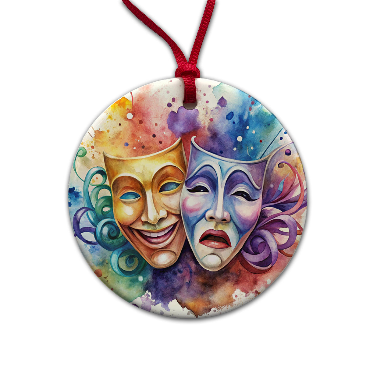 Theater Drama Masks Watercolor Round Ceramic Holiday Christmas Tree Ornament