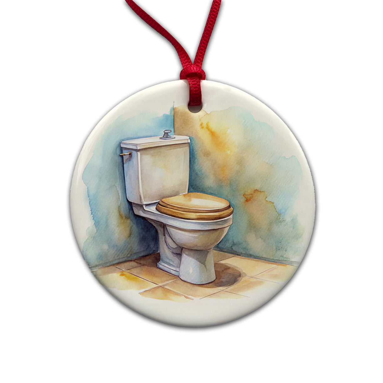 Toilet Watercolor Round Ceramic Holiday Christmas Tree Ornament
