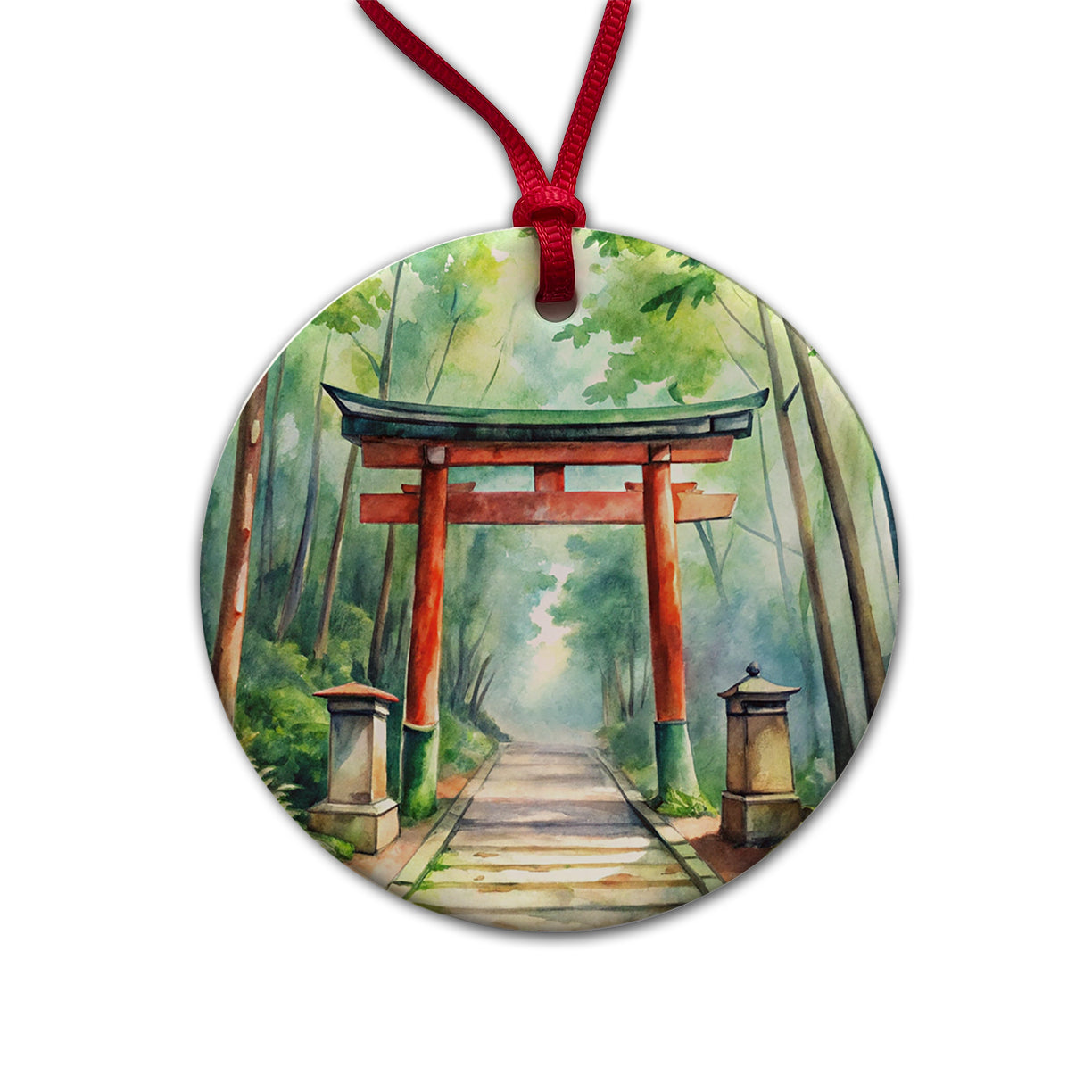 Torii Gate Leading To Forest Shrine Watercolor Round Ceramic Holiday Christmas Tree Ornament