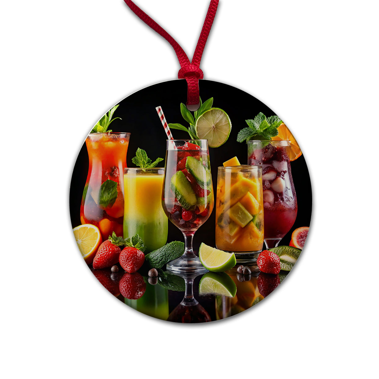 Tropical Fruity Drinks Round Ceramic Holiday Christmas Tree Ornament