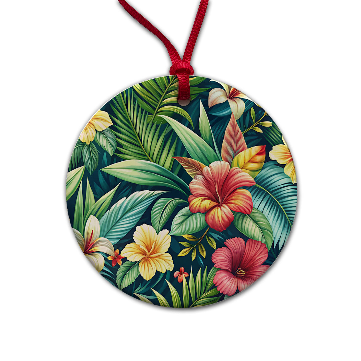 Tropical Hibiscus Pastel Floral Pattern Round Ceramic Holiday Christmas Tree Ornament