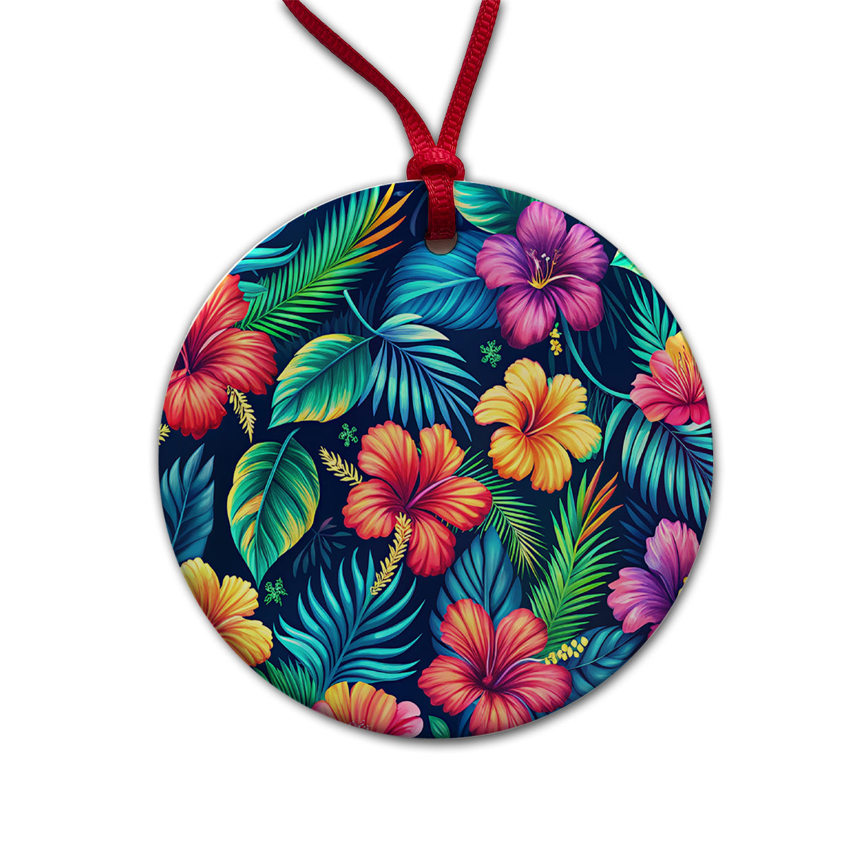 Tropical Neon Hibiscus Floral Pattern Round Ceramic Holiday Christmas Tree Ornament