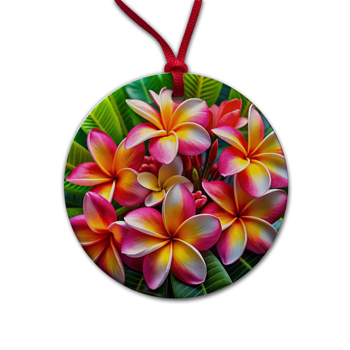 Tropical Pink Yellow Plumeria Flowers Round Ceramic Holiday Christmas Tree Ornament