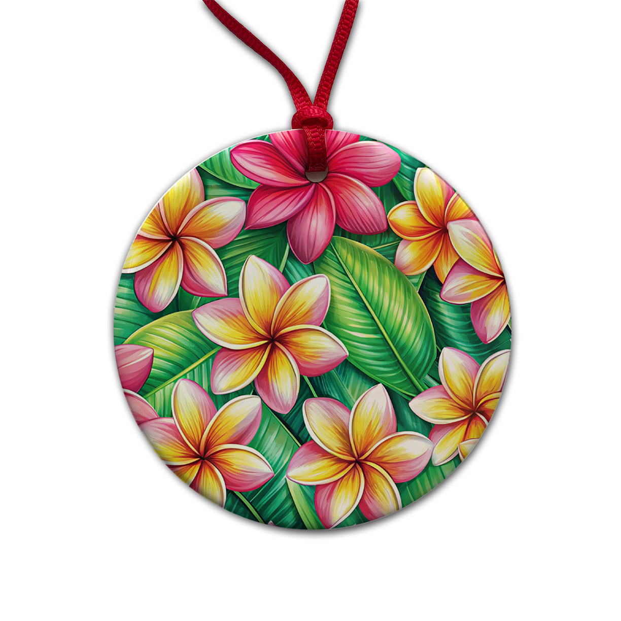 Tropical Plumeria Floral Pattern Round Ceramic Holiday Christmas Tree Ornament