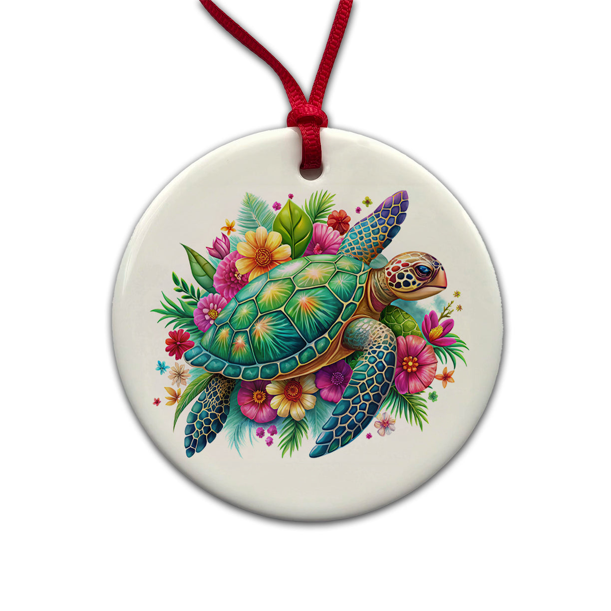 Tropical Sea Turtle Floral Design Round Ceramic Holiday Christmas Tree Ornament